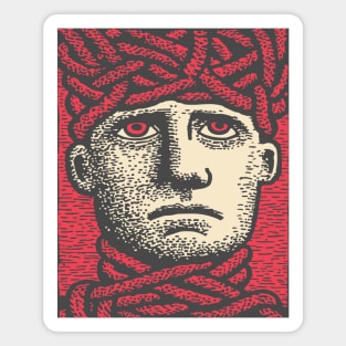 Head Trapped in Ropes – Mental Burden Linocut Portrait Magnet